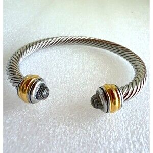 Two Tone Twisted Cable Cuff Bracelet Clear Crystal Gemstone End Caps